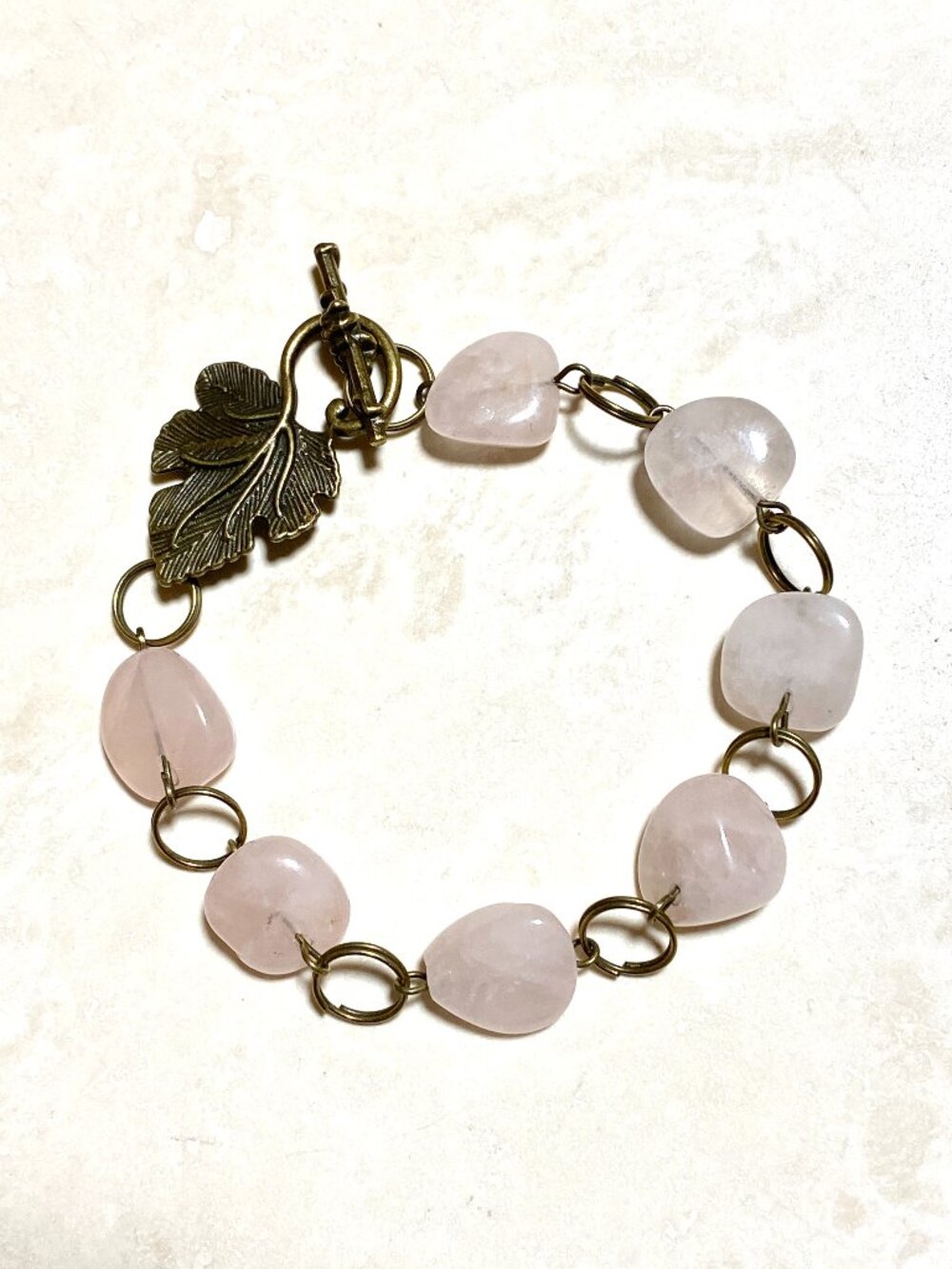 2/20, Pink Rose Quartz Bracelet, Genuine Gemstone & Bronze Grape Leaf Toggle